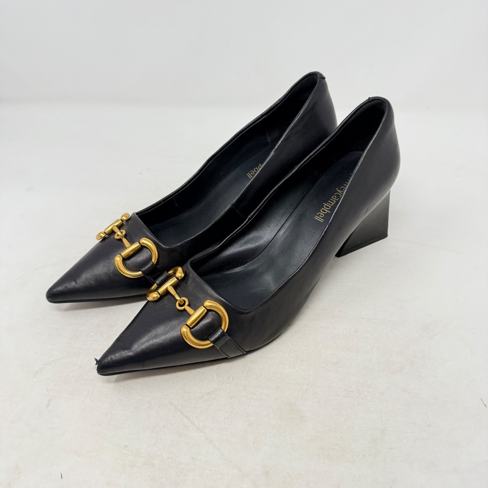 Jeffrey Campbell Pointed Toe Block Heel Pumps Black 7.5 Horsebit Leather Office